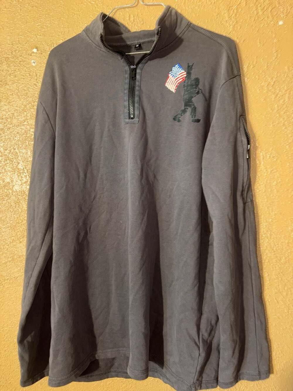 Gray Quarter-Zip Pullover Sweatshirt with USA Flag and Sasquatch